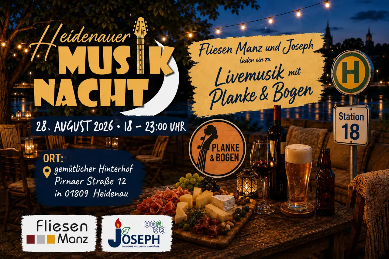 Heidenauer Musiknacht am 28.8.26: Fliesen Manz und Joseph laden ein zu Livemusik von 18 bis 23 Uhr